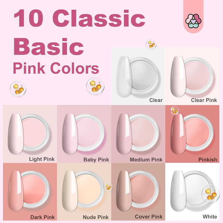 10 classic pink colors acrylic nail powder set