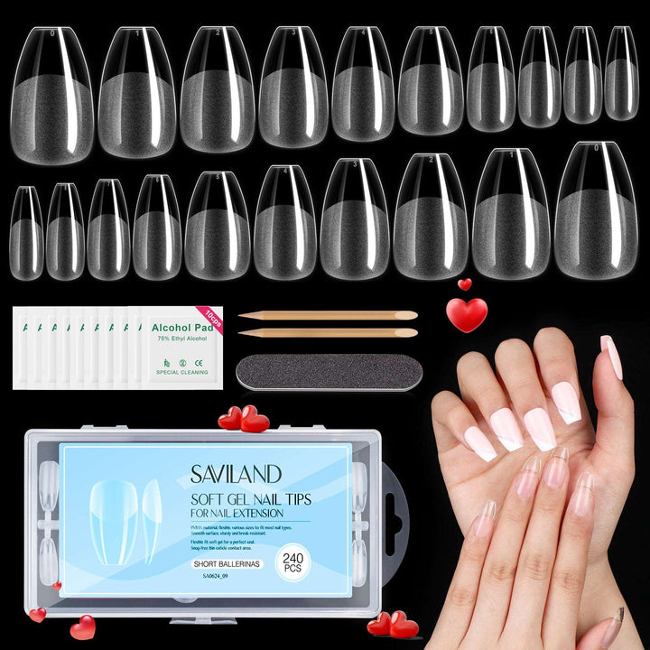 [US ONLY]240PCS Soft Nail Gel Tips Full Cover Ballerina Pre-shaped 10 Sizes