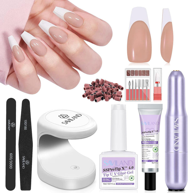 Brown and White Coffin French Tip Nails Kit