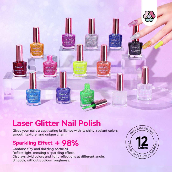 12 Colors Glitter Nail Polish With Base and Top Polish Coat