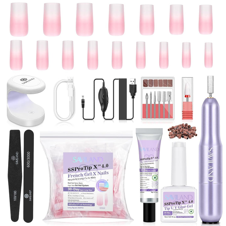 Long Coffin Pink and White Ombre French Press On Nails Kit