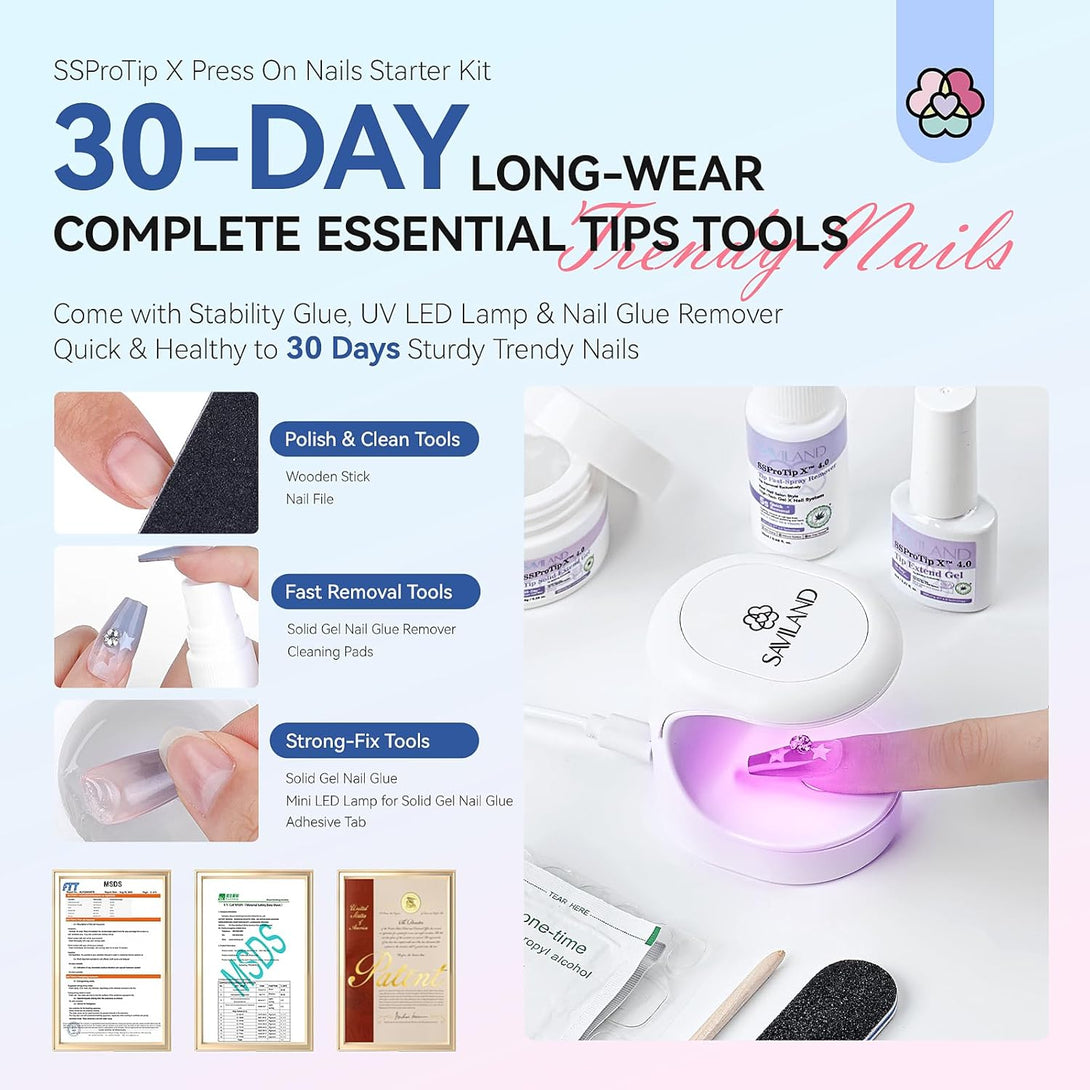 blue press on nails kit with mini lamp