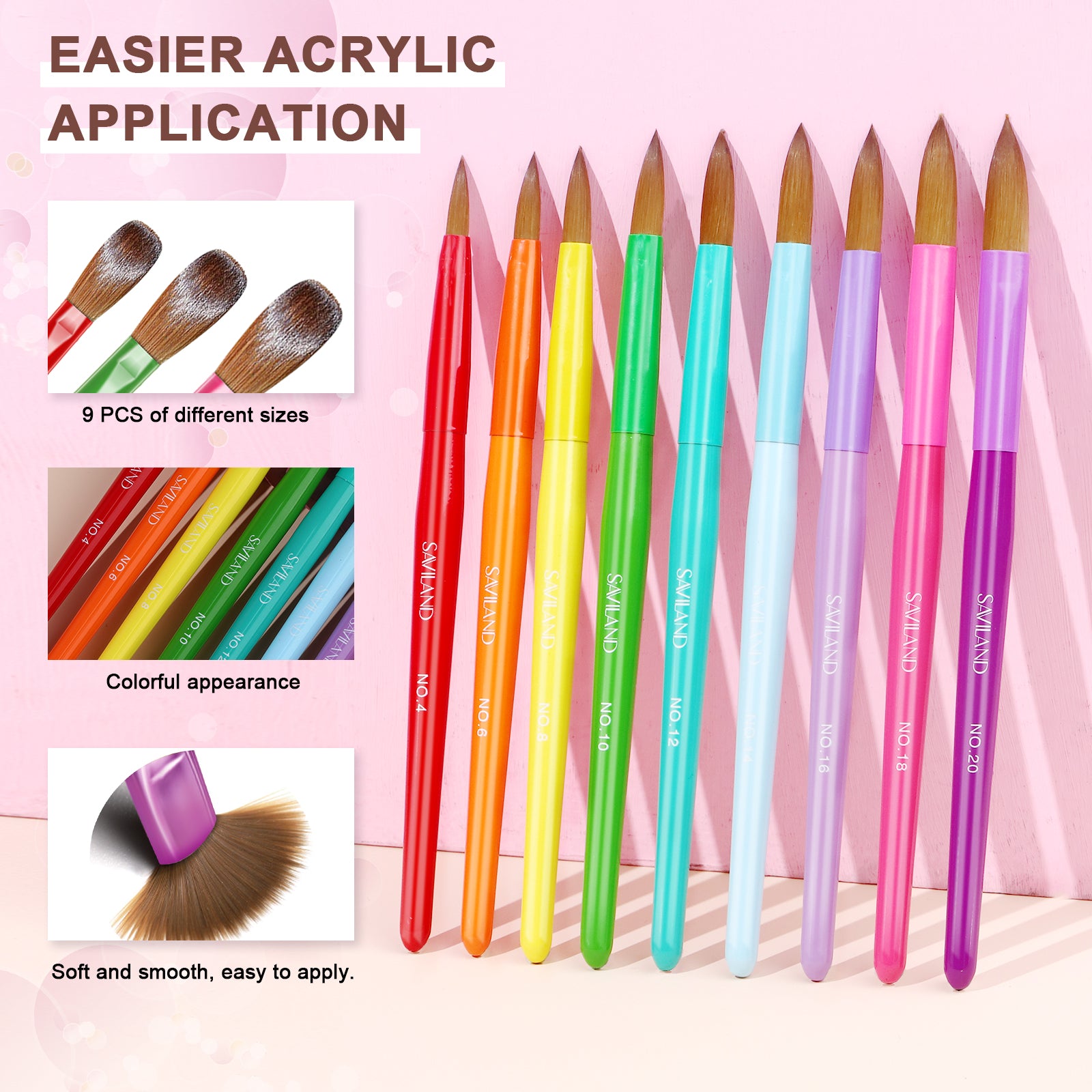 [US ONLY]9PCS Rainbow Acrylic Nail Brush Set Size 4/6/8/10/12/14/16/18/20