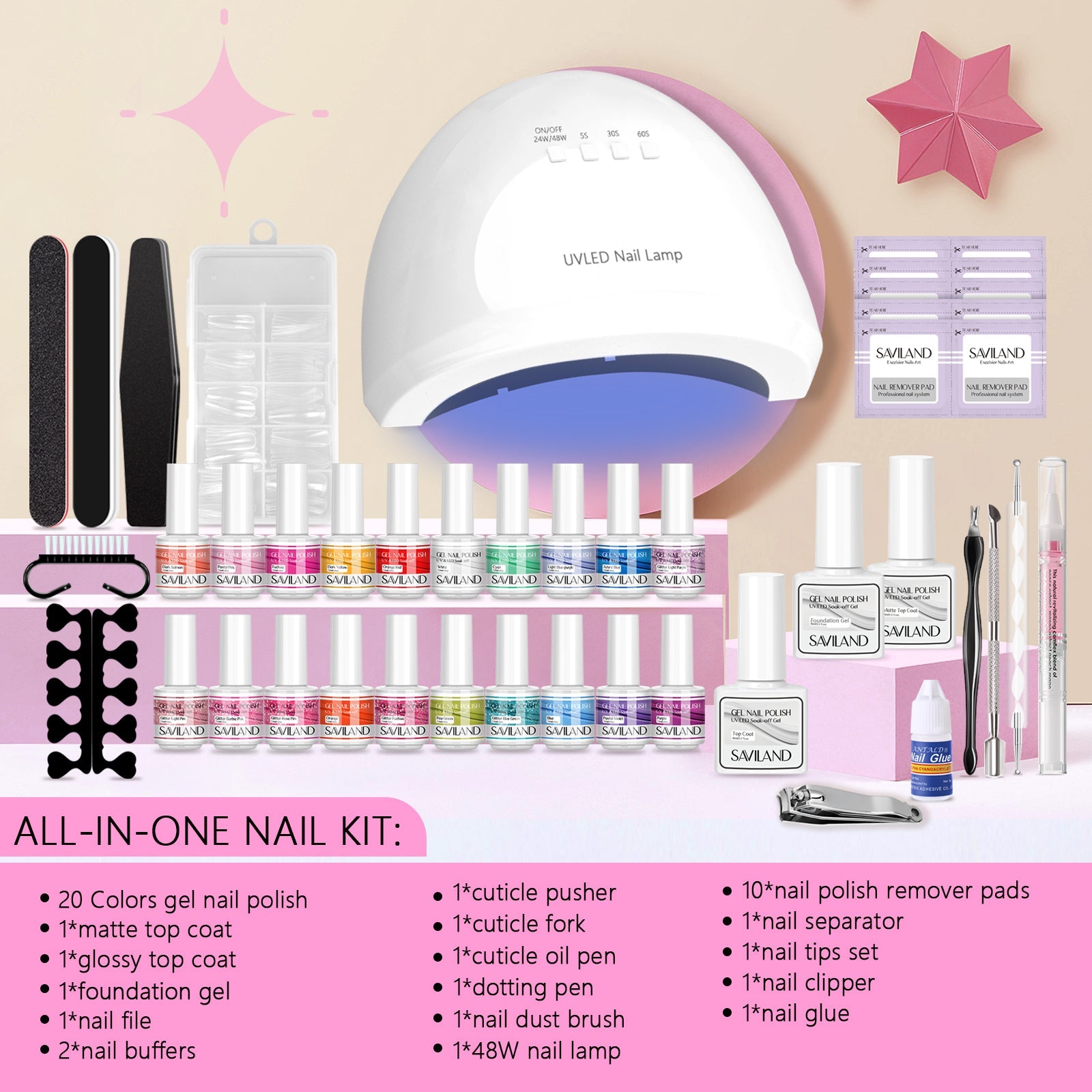 [US ONLY]46PCS All-In-One Gel Nail Polish With Lamp Nail Kit for Beginners  - 20 Colors