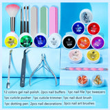 [US ONLY]12 Colors Gel Nail Polish Kit - Nail Starter Kit With Nail Art Brushes Tools Decorations