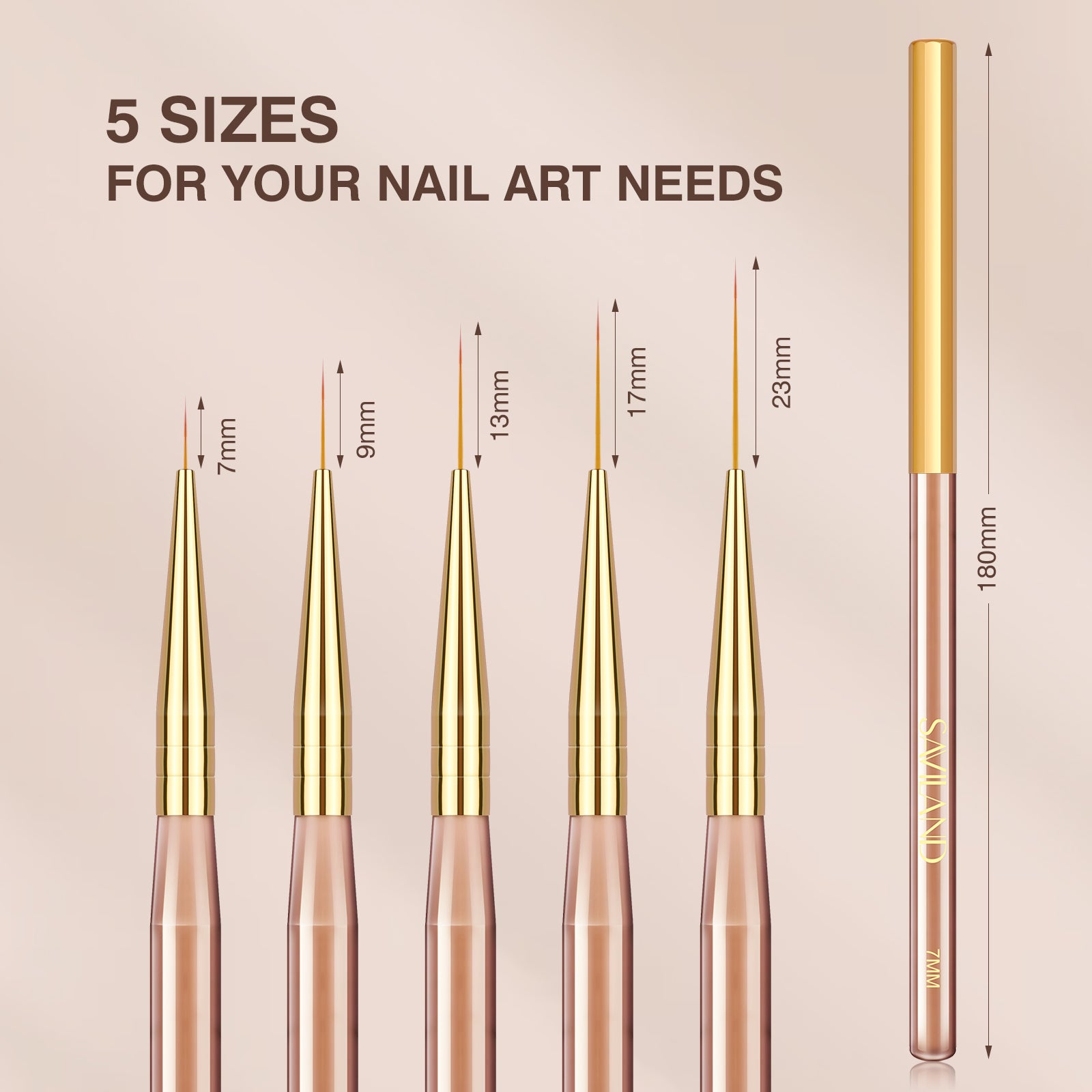 [US ONLY]5PCS Nail Art Liner Brush 7/9/13/17/23 mm Golden Gift