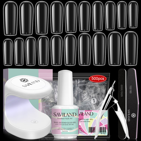 Saviland 500Pcs Nail Tips and 4 In 1 Glue Gel Kit - Square Shape Fake Nail Tips Full Cover